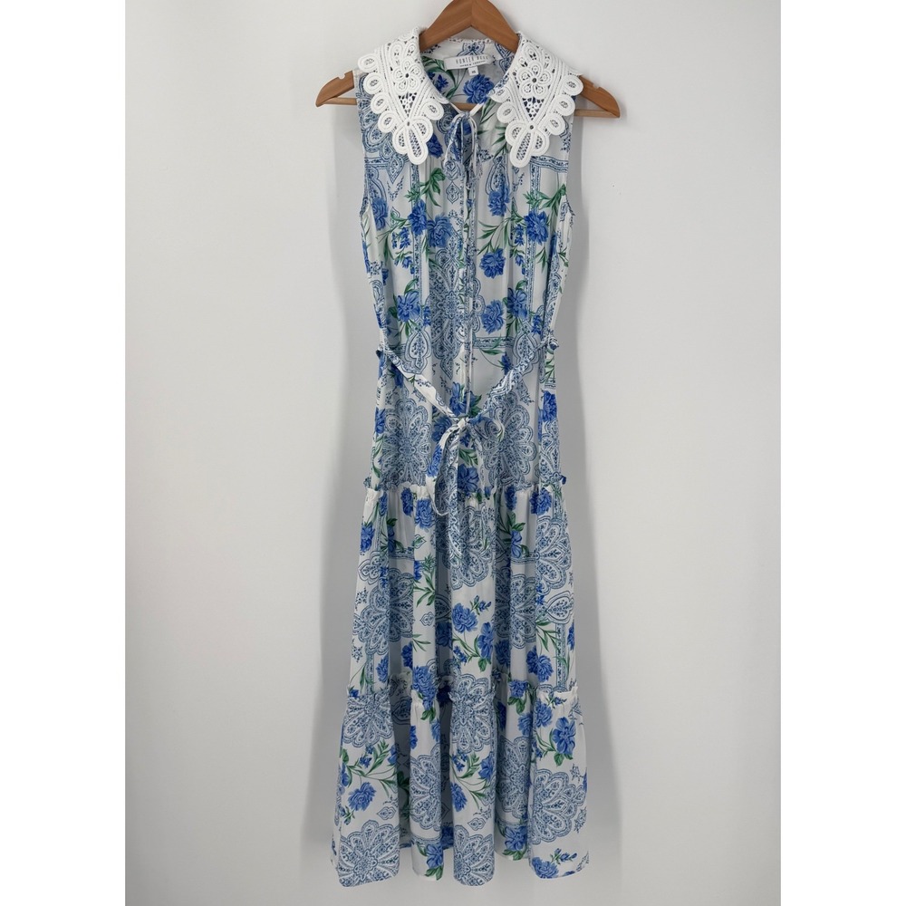 Hunter Bell New York Floral Paisley Lace Collar Sleeveless Midi Dress Blue XS